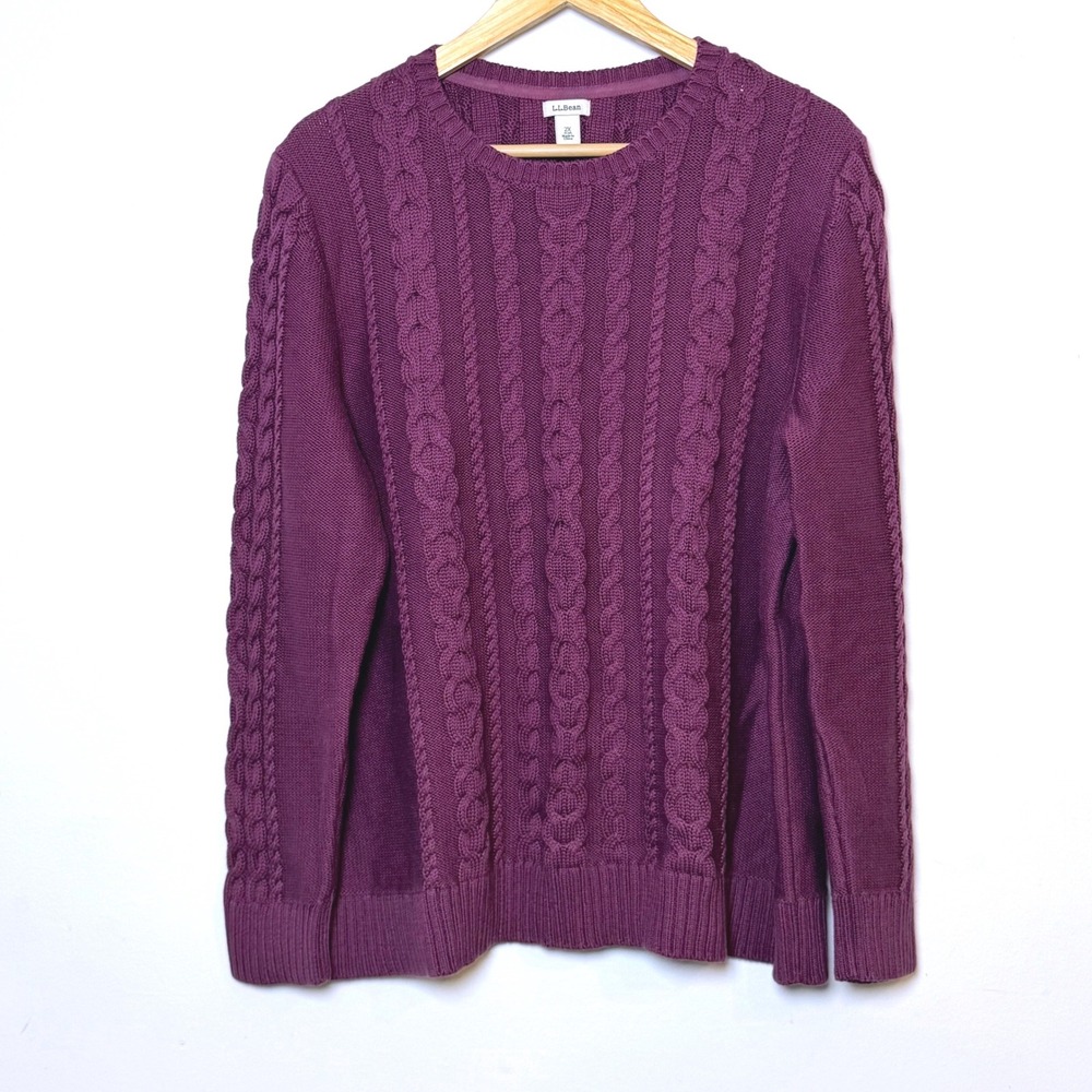 LL Bean Cable Knit Sweater Womens 2X Purple 100% Cotton Crewneck Fisherman Heavy